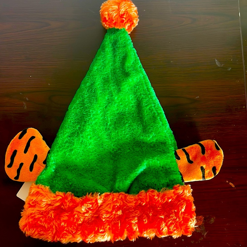 Disney Tigger themed Santa hat. Green and orange with Tiggers ears on the side